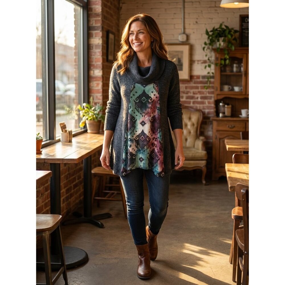 Cal Style Womens Cowl Neck Tunic Top Size L With Aztec Print Panel Gray & Multic